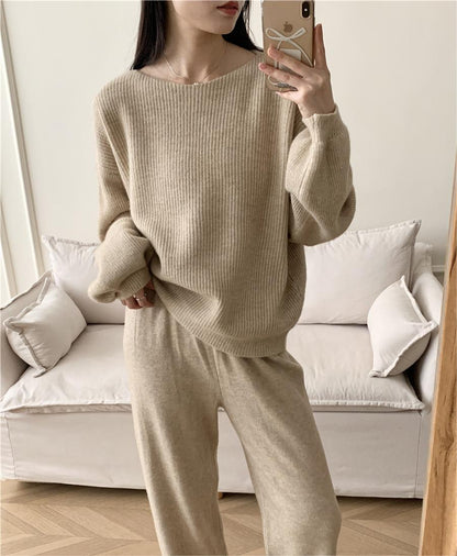 Loose Knitting Suit Women Autumn Winter Round Neck Sweater Wide Leg Pants