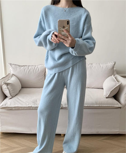 Loose Knitting Suit Women Autumn Winter Round Neck Sweater Wide Leg Pants