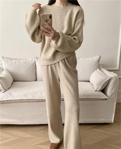 Loose Knitting Suit Women Autumn Winter Round Neck Sweater Wide Leg Pants