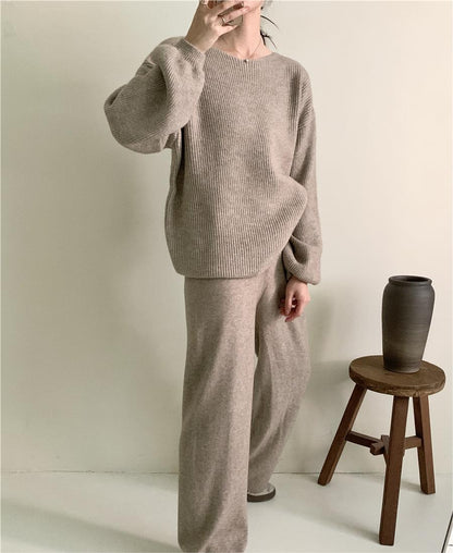 Loose Knitting Suit Women Autumn Winter Round Neck Sweater Wide Leg Pants