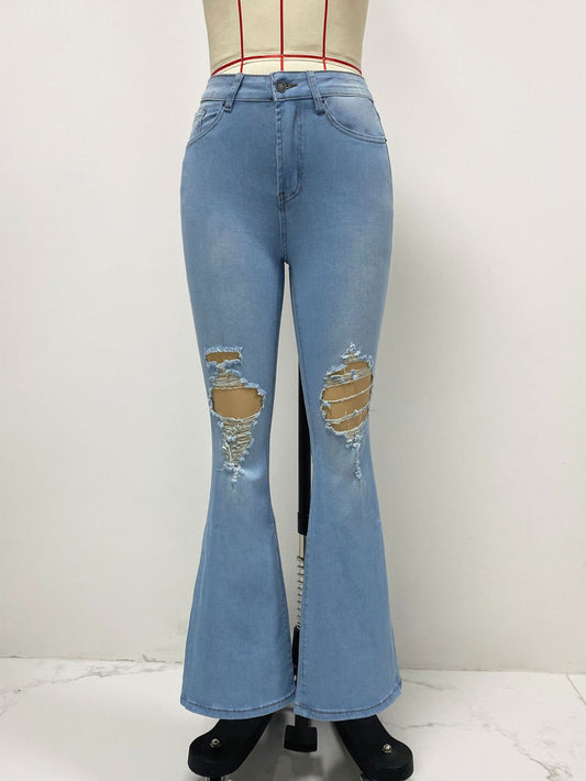 Frühling Sommer Zerrissene Jeans Frauen Büro Slim Fit Bootcut Hose