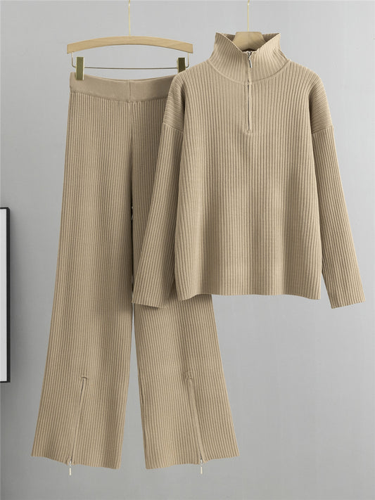 Pull en tricot à col demi-fermeture éclair pour femme, ample, assorti avec tout, motif Vertical, taille haute, fente, pantalon à jambes larges, costume décontracté