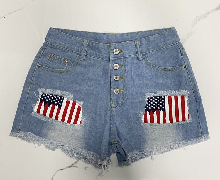 Breasted Printed Patch Denim Shorts Women Ripped Tassel Pants