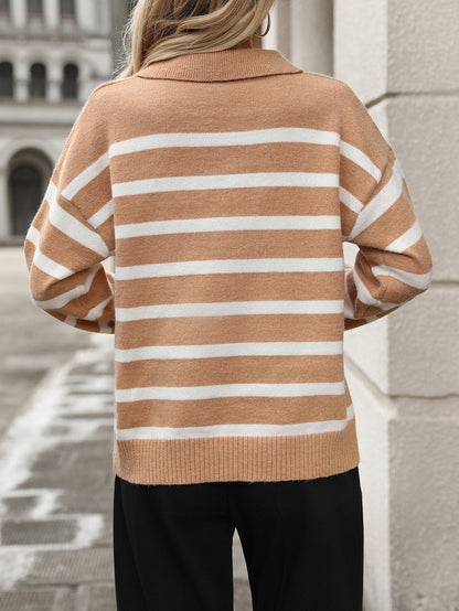 Autumn Winter Women Patchwork Stripes Collared Loose Knitwear Sweater Women