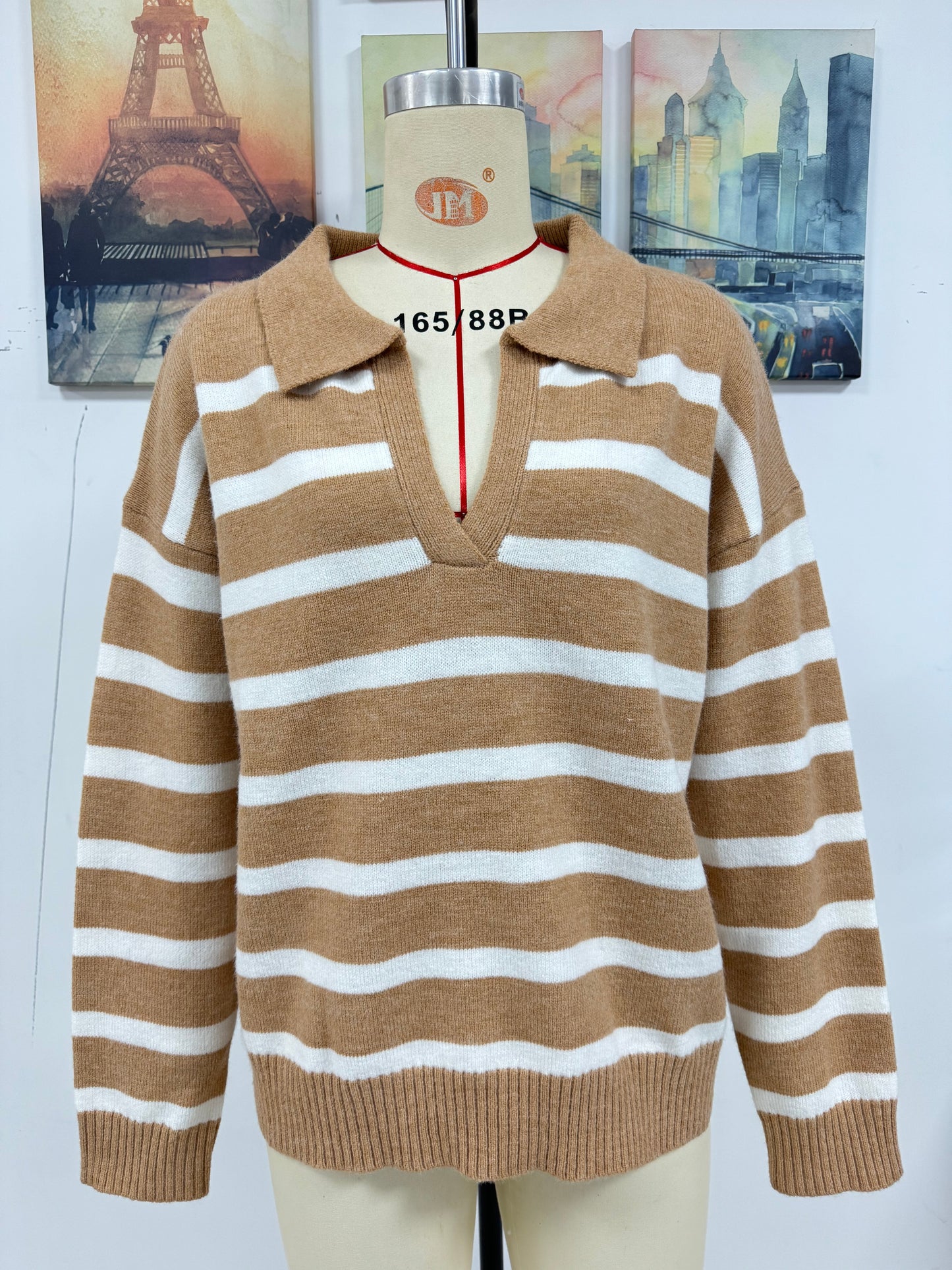 Autumn Winter Women Patchwork Stripes Collared Loose Knitwear Sweater Women