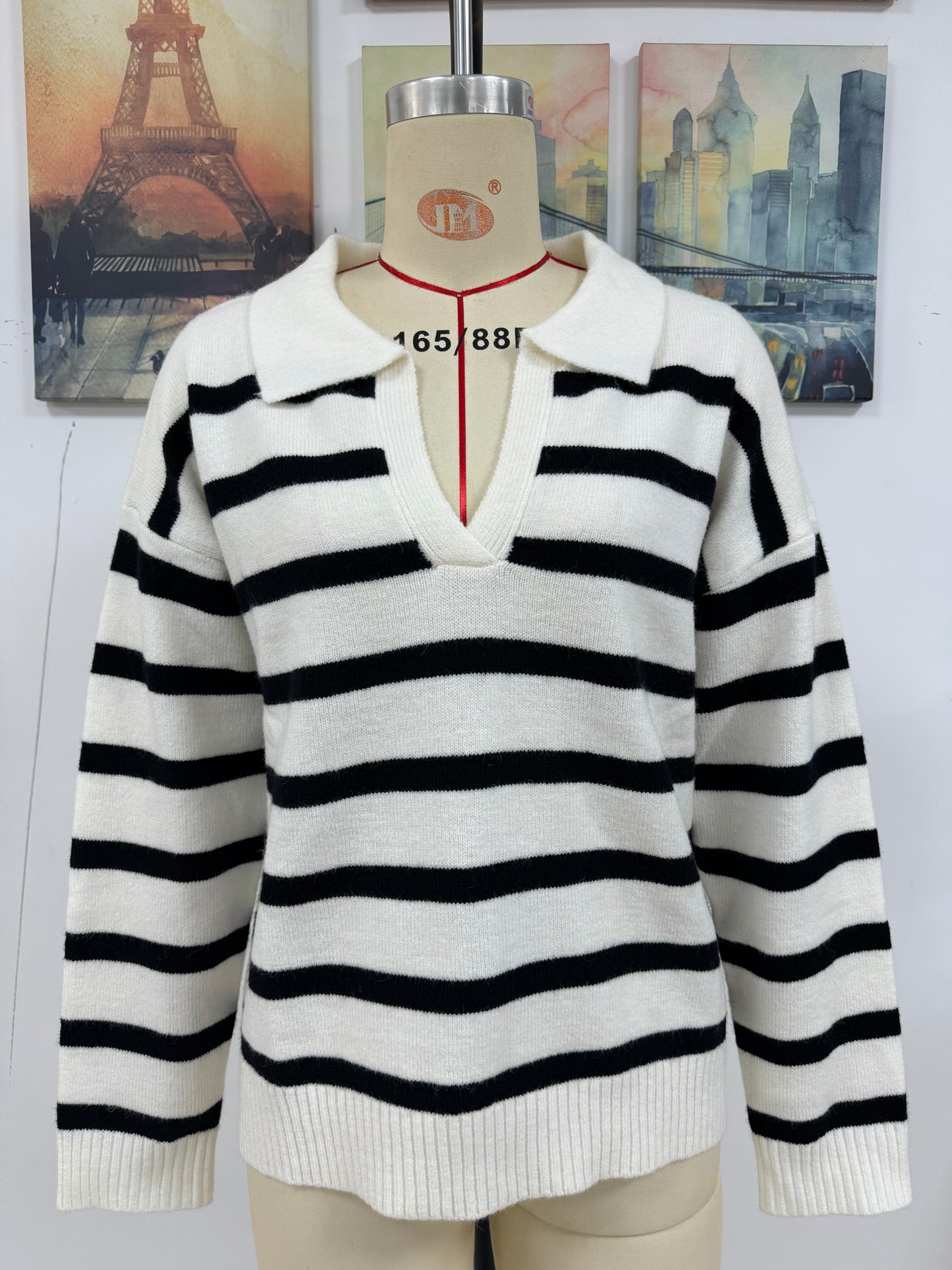 Autumn Winter Women Patchwork Stripes Collared Loose Knitwear Sweater Women