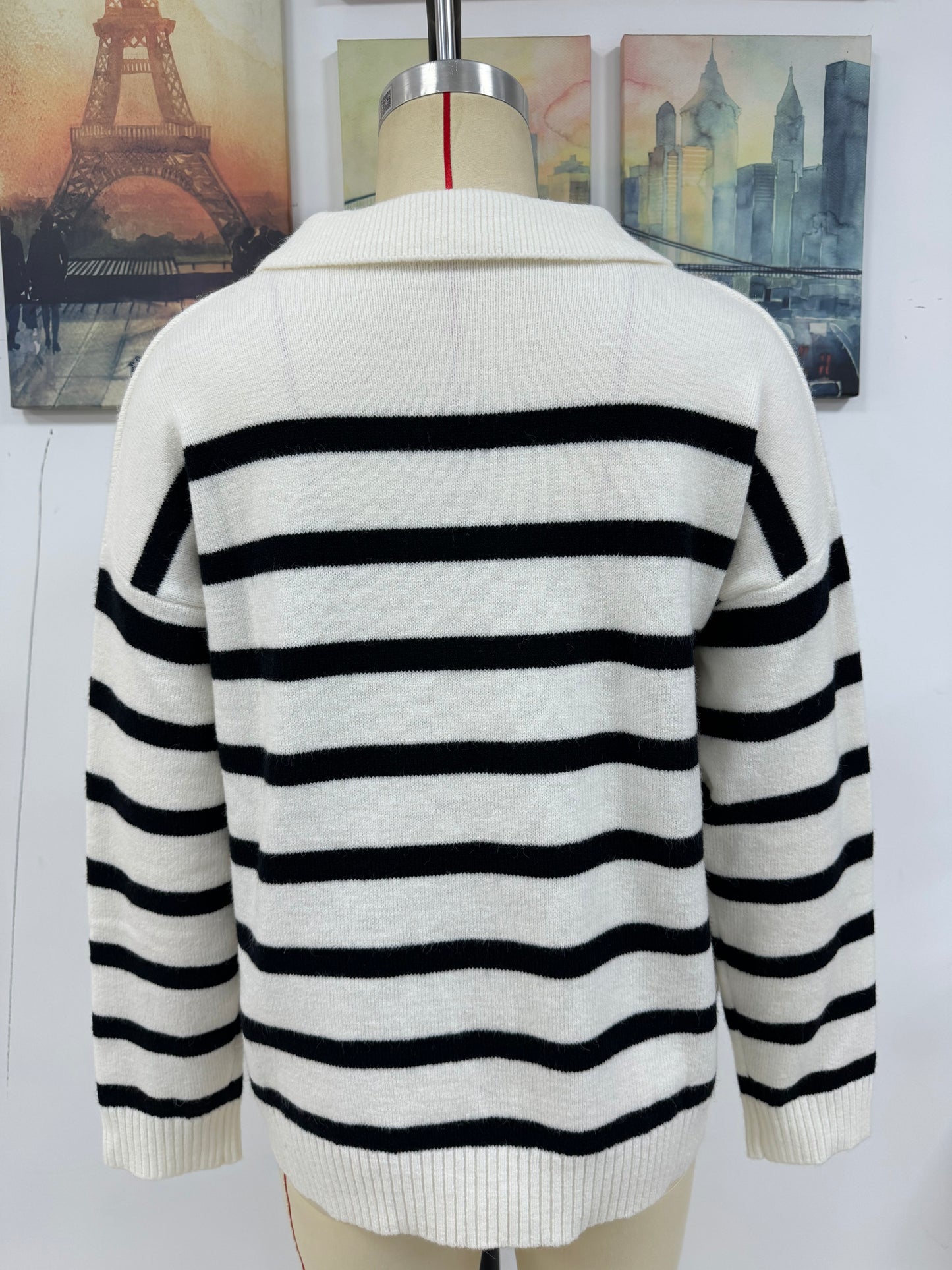 Autumn Winter Women Patchwork Stripes Collared Loose Knitwear Sweater Women