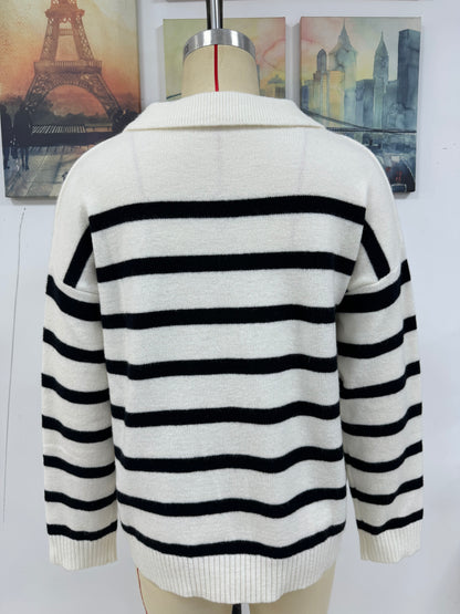 Autumn Winter Women Patchwork Stripes Collared Loose Knitwear Sweater Women