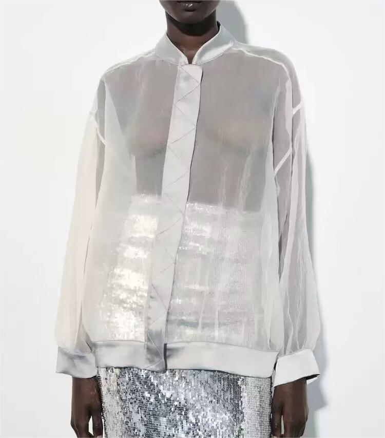 Veste aviateur ample en organza transparent à col montant pour femme