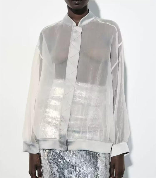 Veste aviateur ample en organza transparent à col montant pour femme