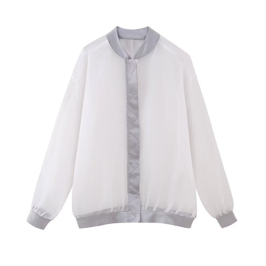 Veste aviateur ample en organza transparent à col montant pour femme