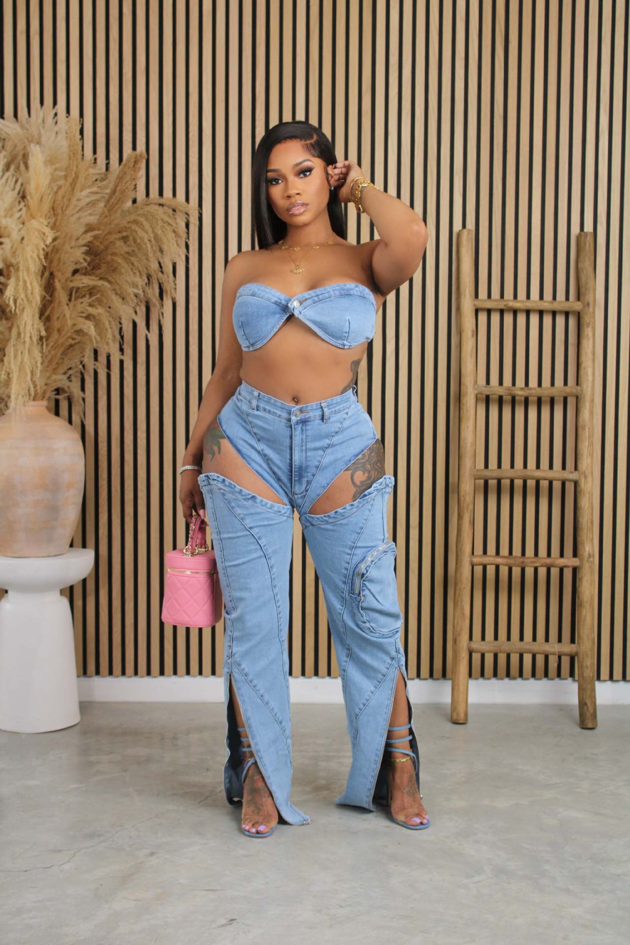 Gewaschener Stretch-Denim, spezieller geteilter Reißverschluss, dreidimensionale Tasche, Bandeau, sexy Set