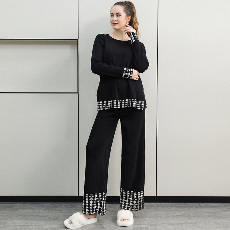 Ensemble deux pièces pour femmes, pull à col rond, taille haute, pantalon