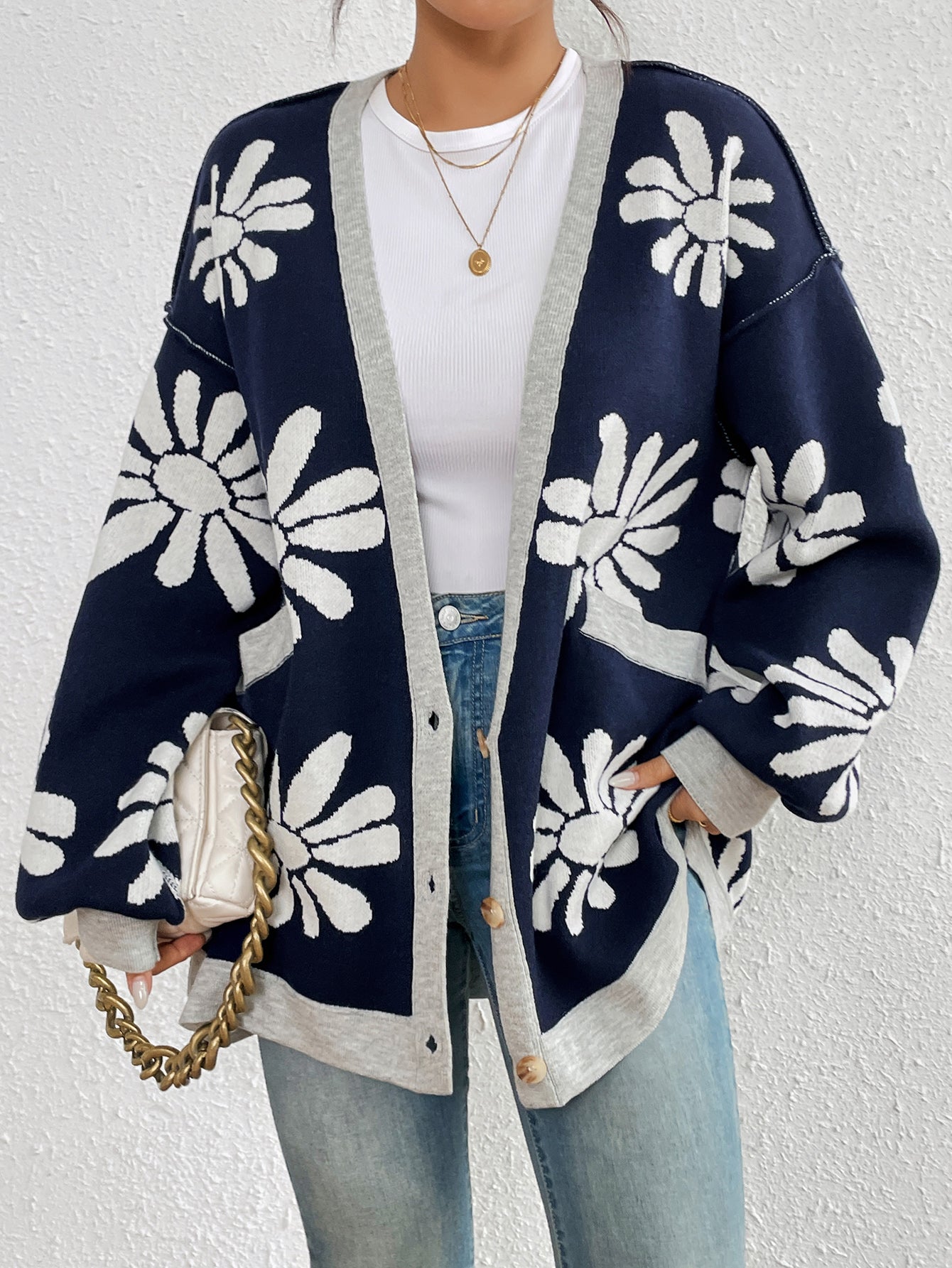 Autumn Winter V neck Printed Commuting Elegant Loose Knitted Cardigan Sweater Women Coat