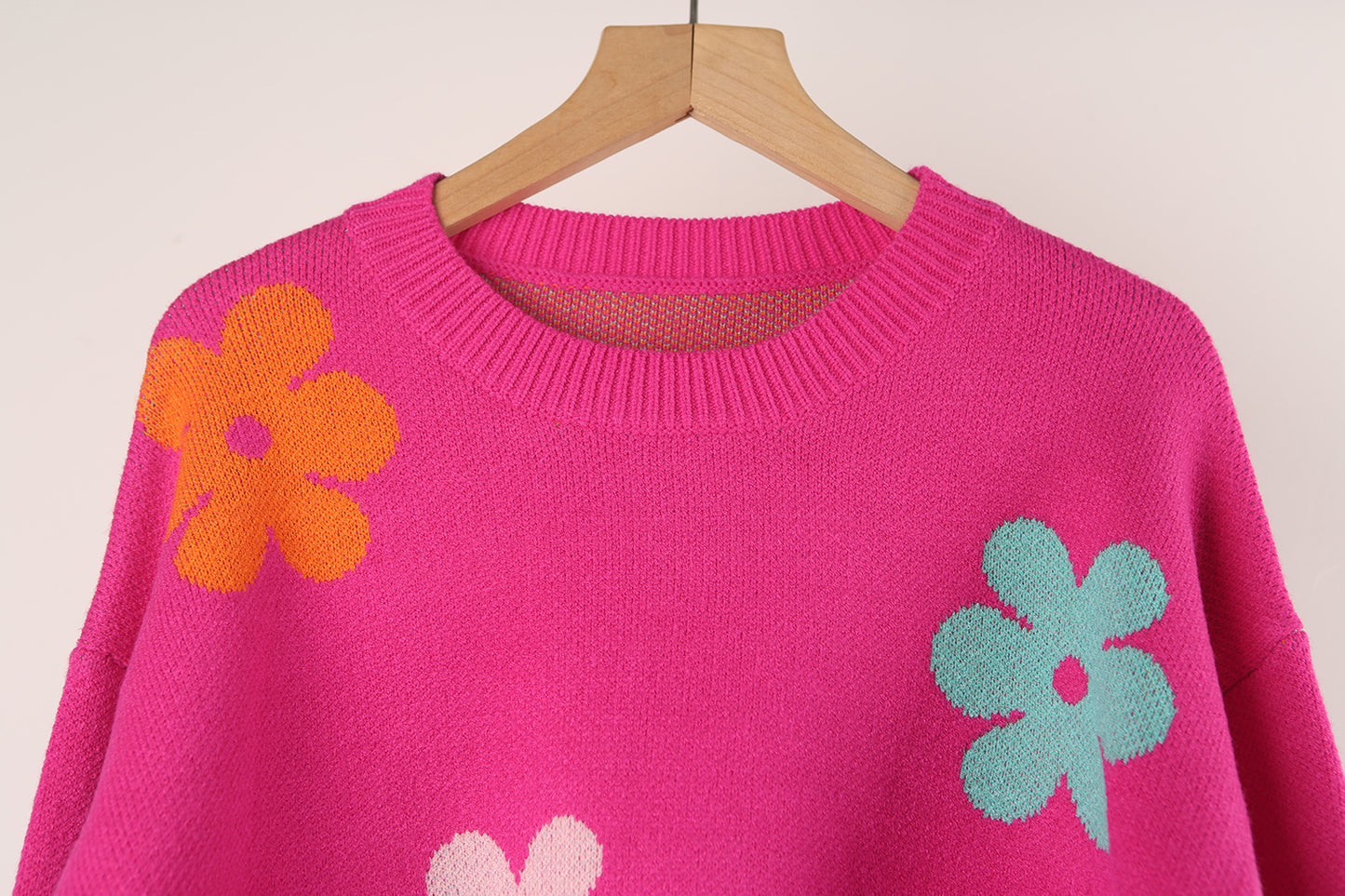 Autumn Winter Sweater Floral Color Block Crew Neck All Matching Sweater