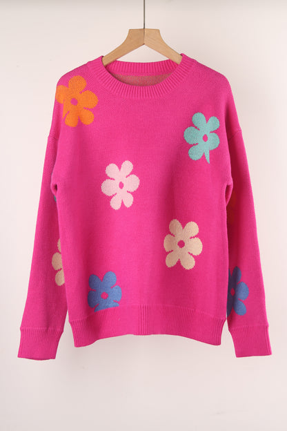 Autumn Winter Sweater Floral Color Block Crew Neck All Matching Sweater