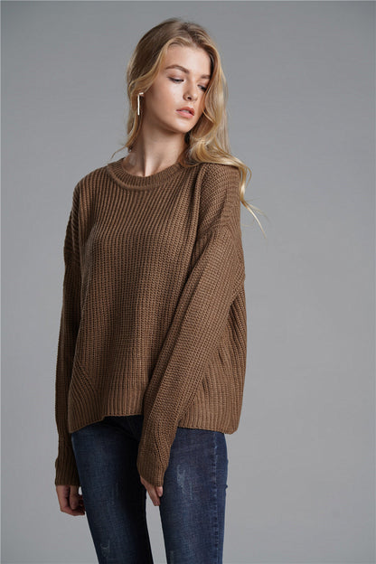 Autumn Winter Office Office Loose Fitting Women Knitwear Round Neck Mid Length Knitwear Sweater