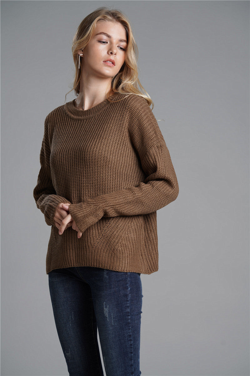 Autumn Winter Office Office Loose Fitting Women Knitwear Round Neck Mid Length Knitwear Sweater