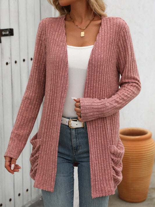 Cardigan à manches longues en tissu côtelé de couleur unie pour femme, manteau avec poches brossées, automne et hiver