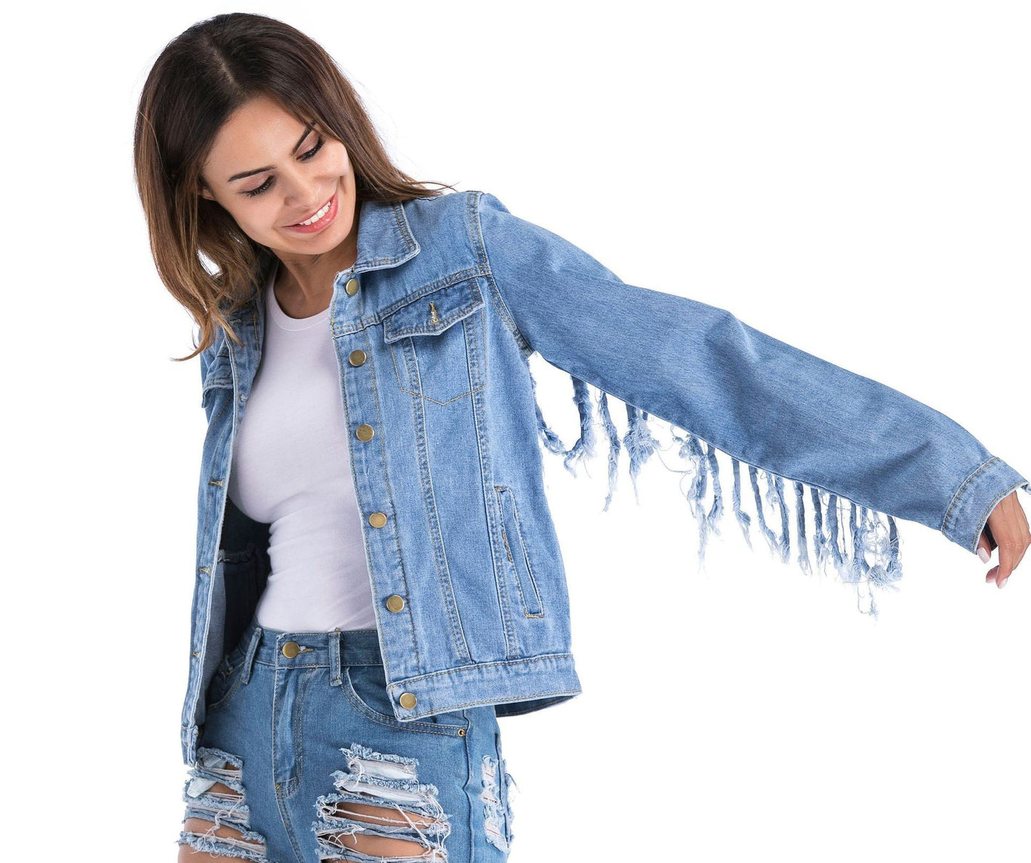 Veste en jean à pompons et manches au dos pour femme