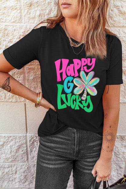 T-shirt noir à col ras du cou avec motif Happy GO Lucky Clover