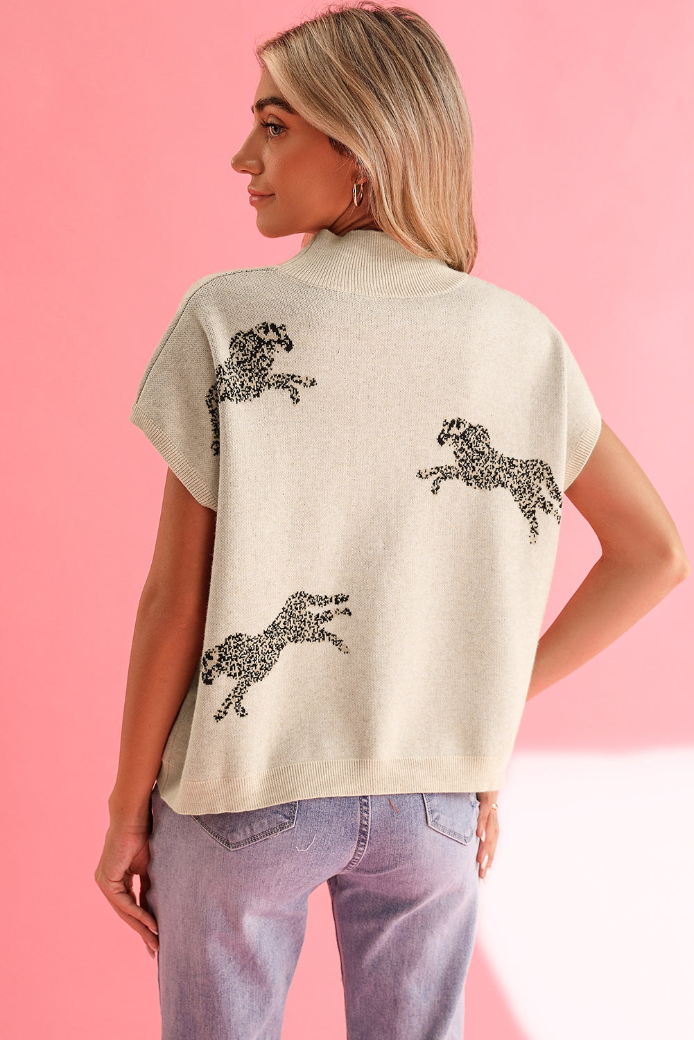 Apricot Cheetah Pattern Mock Neck Short Sleeve Sweater