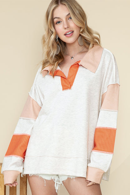 Orange Patchwork V Neck Collared Long Sleeve Top