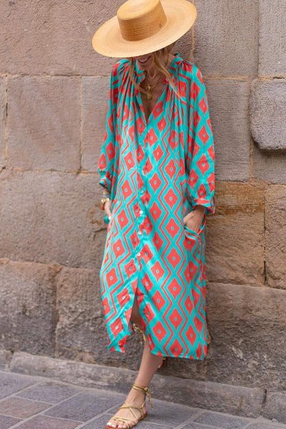 Sky Blue Geometric Print Split Neck Loose Shirt Dress