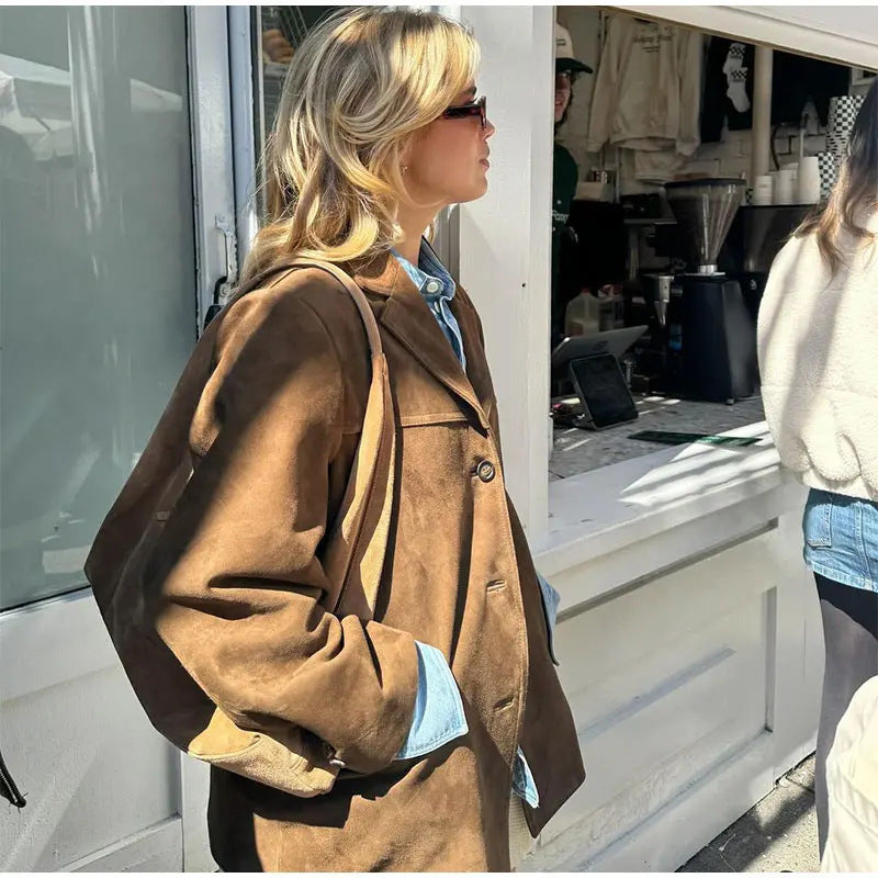 Veste à revers marron artistique rétro pour femme avec poches