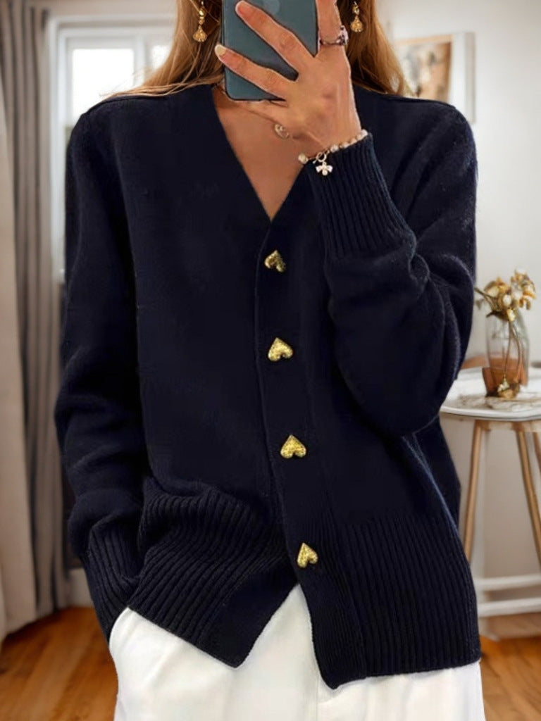 Autumn And Winter New Solid Color Long Sleeve V-neck Knitted Cardigan