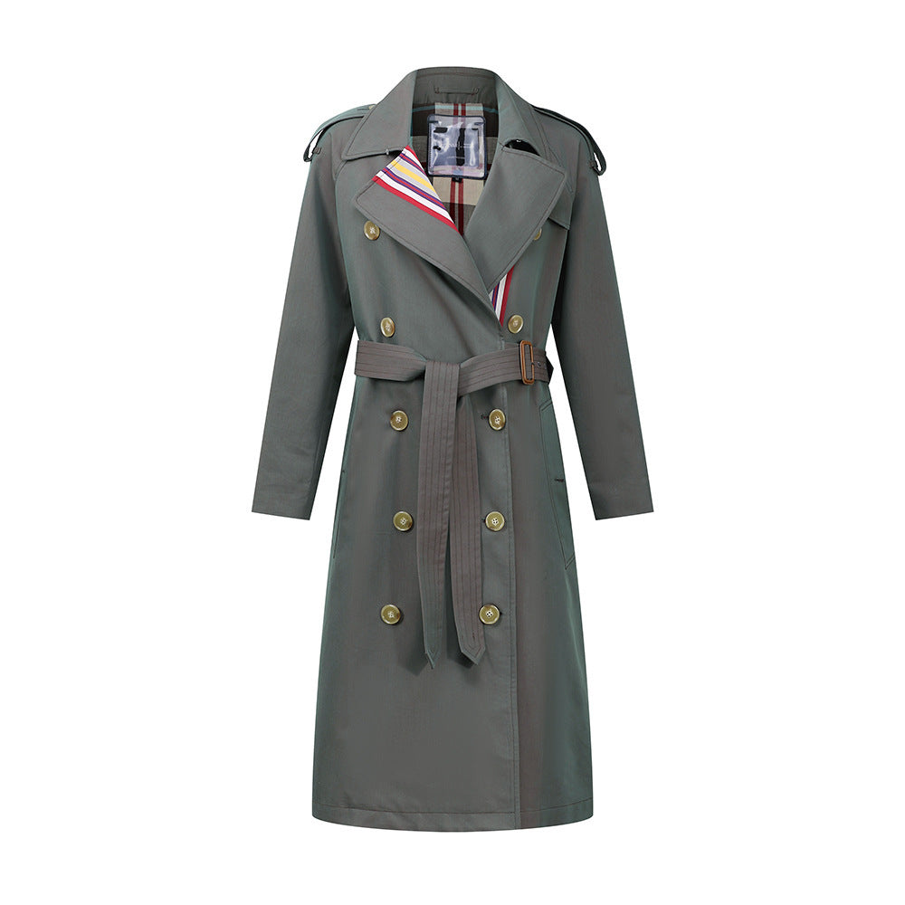 Gestreifter zweireihiger Trenchcoat Britischer Trenchcoat mit schmaler Taille