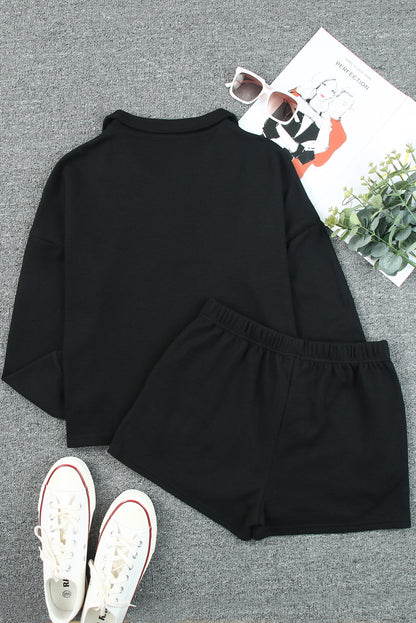 Graues Set aus geripptem Sweatshirt mit Reißverschluss und Shorts mit hoher Taille