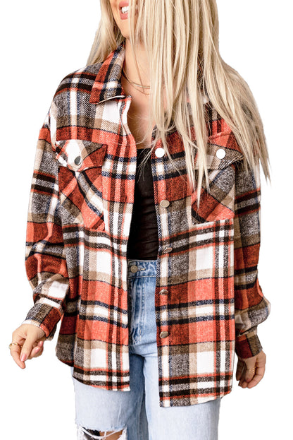 Orange Chest Pockets Flannel Plaid Shacket