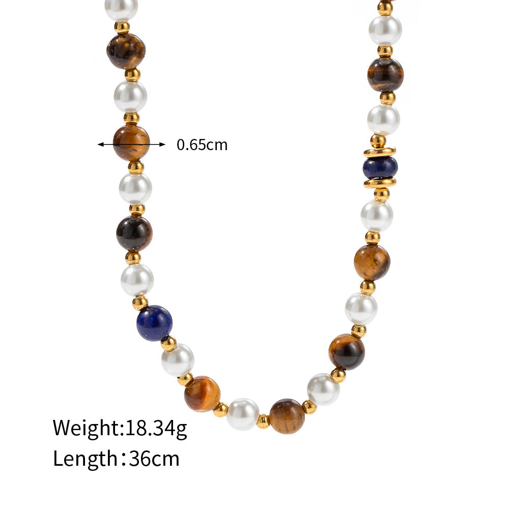 18k Gold Noble Atmosphere Inlaid Pearl Lapis Lazuli Tiger Eye Bead String Design Light Luxury Style Necklace