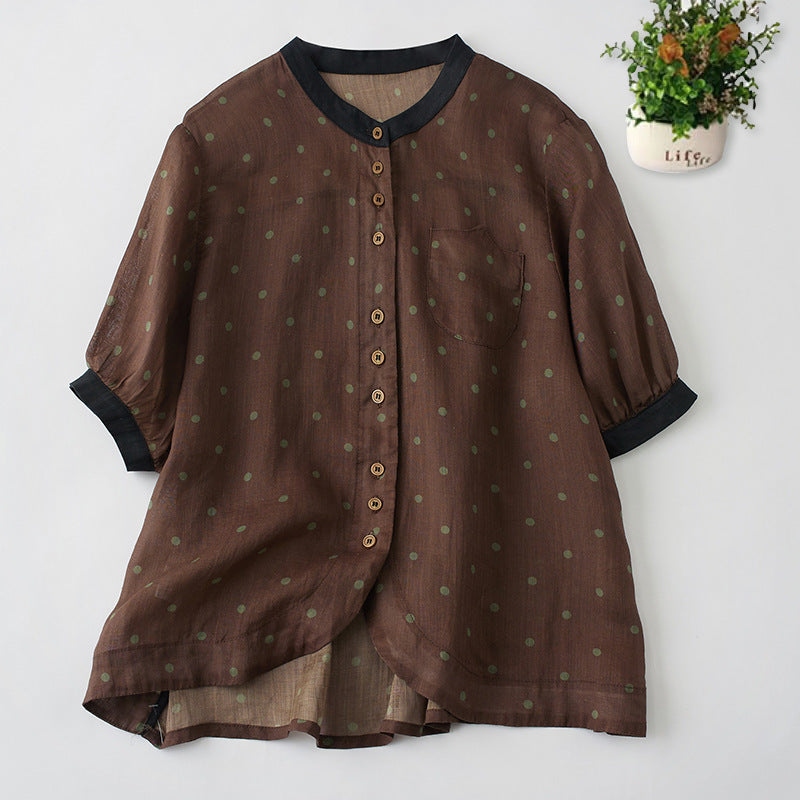 Women's Ramie Round Neck Printed Sugar Coat Temperament Polka Dot Short Sleeve