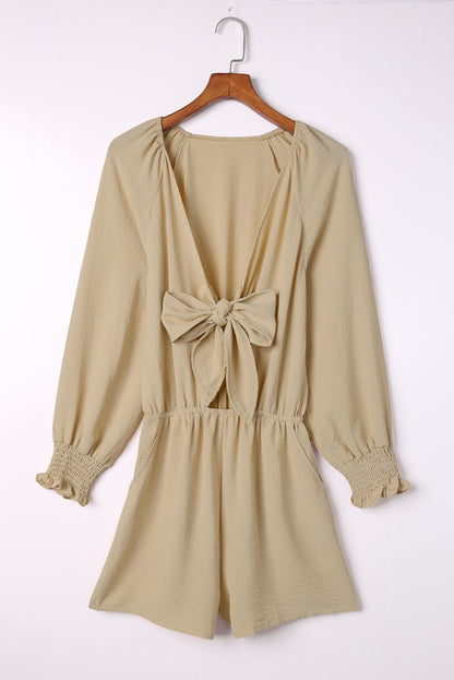 Beige Tie Knot Puff Long Sleeve Romper