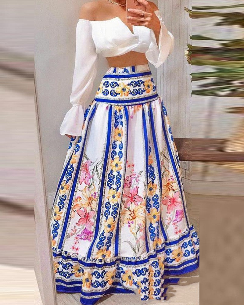 V-neck Short Flare Sleeve Top Printed Large Hem Skirt