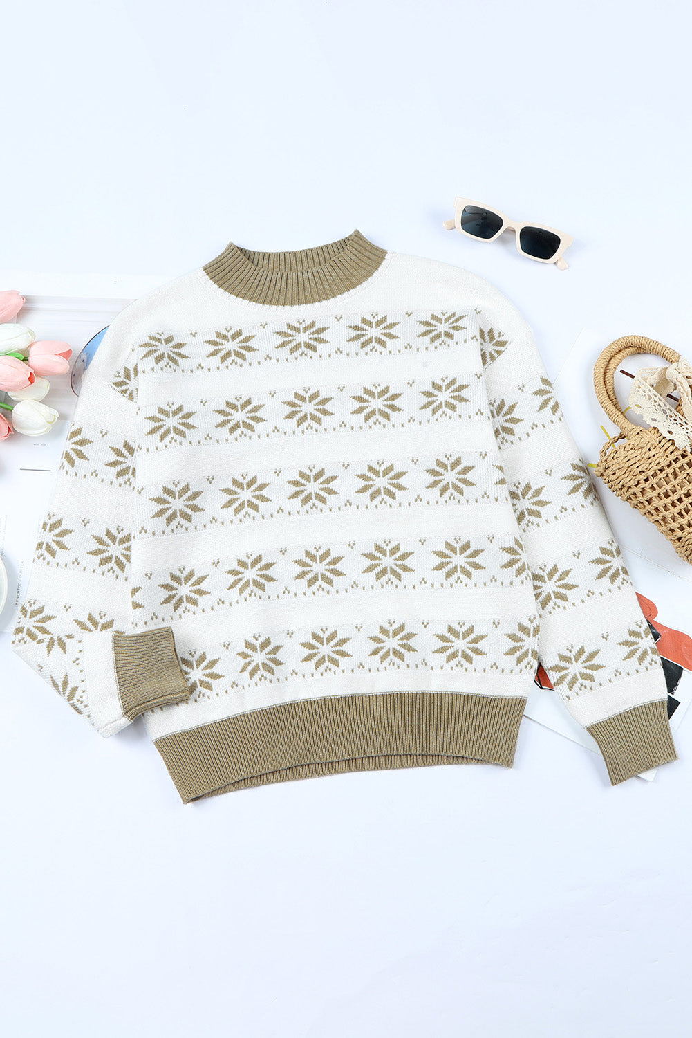 White Christmas Snowflake High Neck Knit Sweater