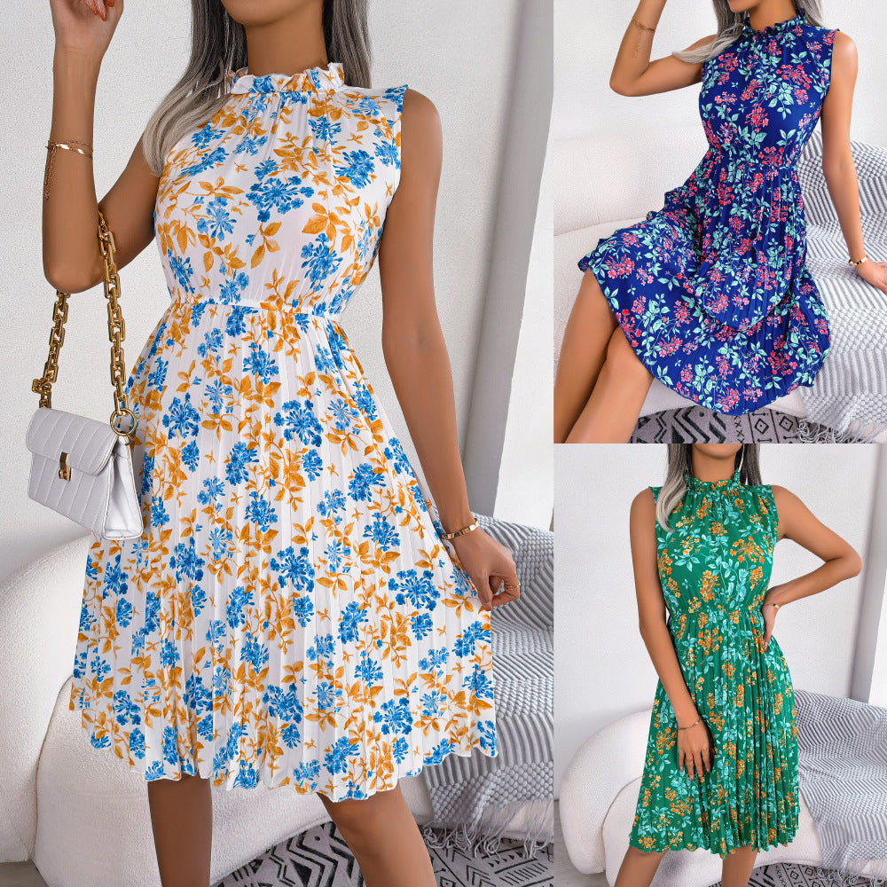 Frühling und Sommer Holzohrblumen Cinched Plissee Kleid