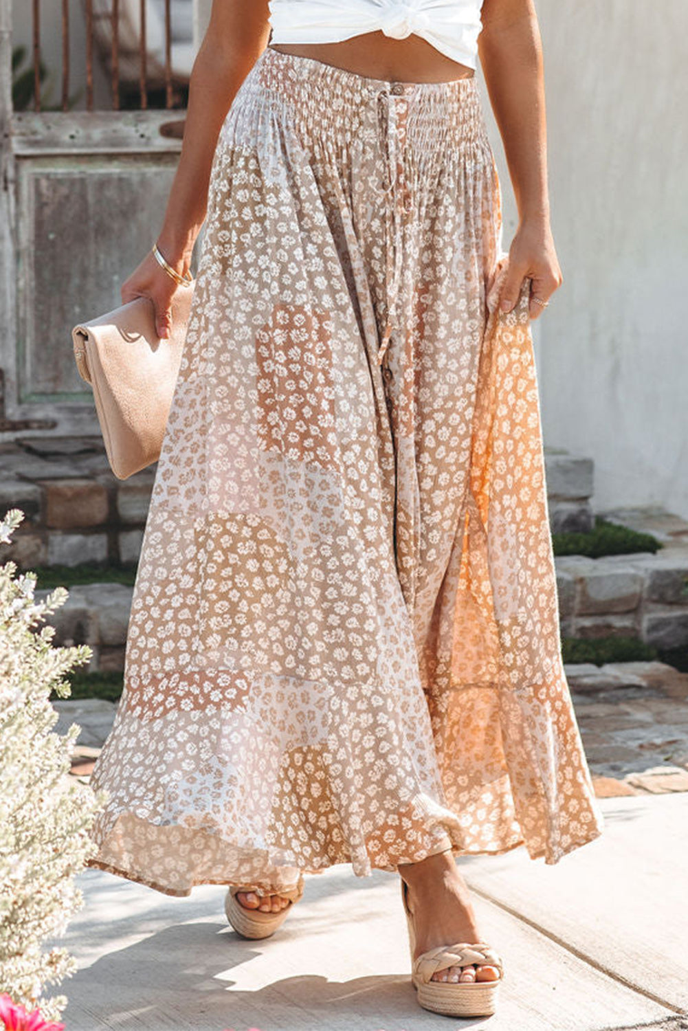 Apricot Boho Flower Print Smocked Waist Button Slit Maxi Skirt