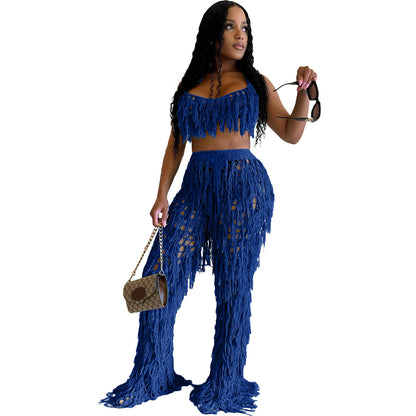 European And American Urban See-through Knitted Hand Crochet Tassel Beach Suit