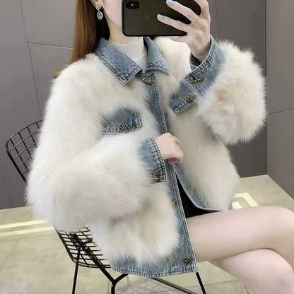 Denim Stitching Fur Coat For Women Autumn And Winter