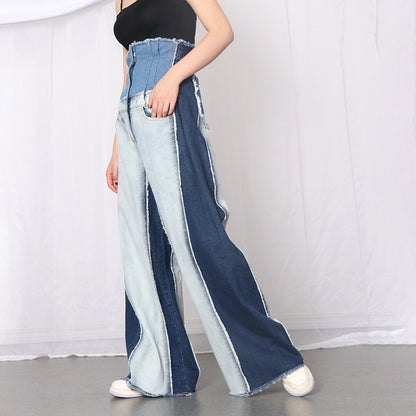 Denim Color Contrast Patchwork Wide Leg Pants for Women High Waisted Trousers Tight Waist Loose Drooping Figure Flattering Mopping Pants Women