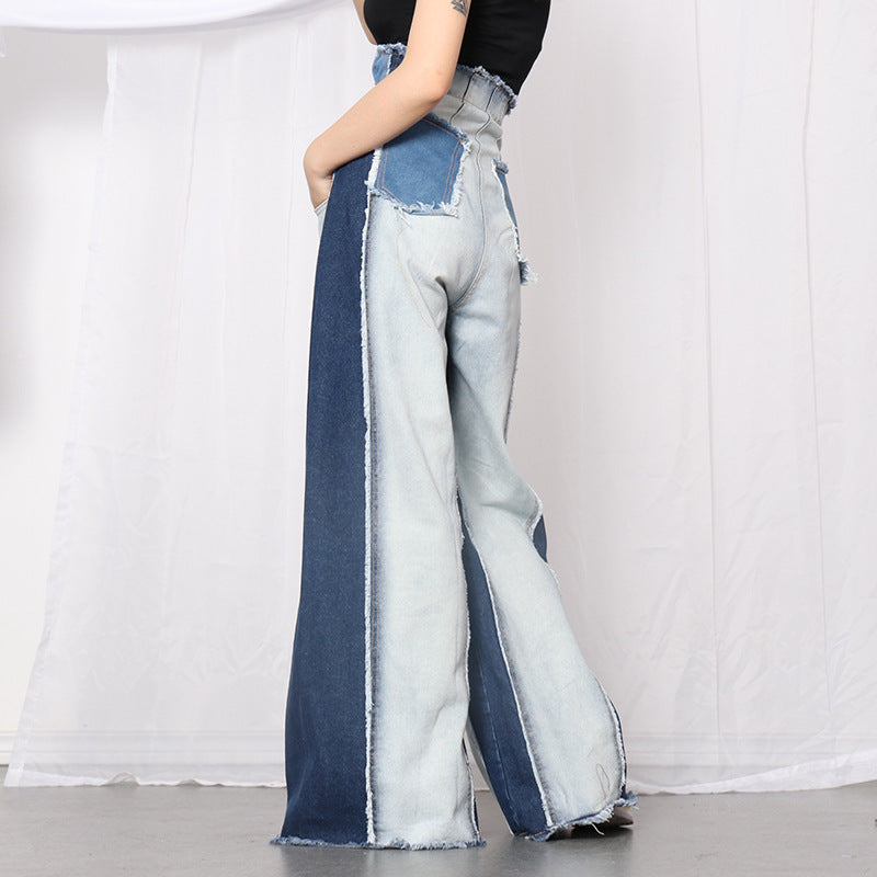 Denim Color Contrast Patchwork Wide Leg Pants for Women High Waisted Trousers Tight Waist Loose Drooping Figure Flattering Mopping Pants Women