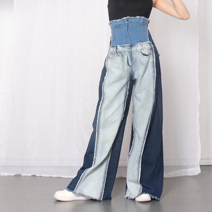 Denim Color Contrast Patchwork Wide Leg Pants for Women High Waisted Trousers Tight Waist Loose Drooping Figure Flattering Mopping Pants Women