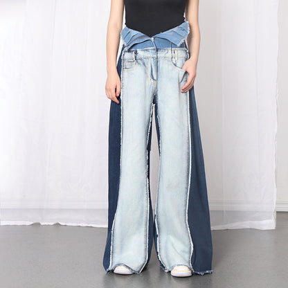 Denim Color Contrast Patchwork Wide Leg Pants for Women High Waisted Trousers Tight Waist Loose Drooping Figure Flattering Mopping Pants Women