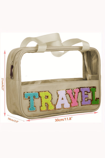 Trousse de maquillage en PVC transparent avec lettre chenille TRAVEL vert menthe