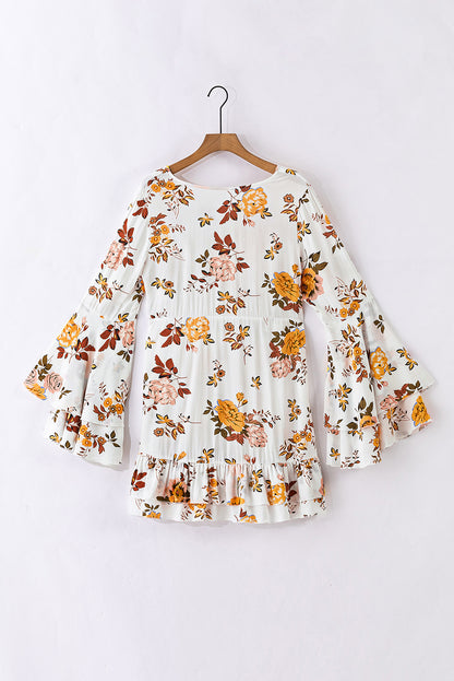 White Floral Layered Flounce Sleeve Ruffle Mini Dress