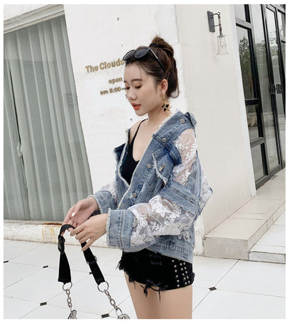 Denim Short Jacket Women Trendy Fashion Casual Lace Stitching Loose Sun Protection Clothing