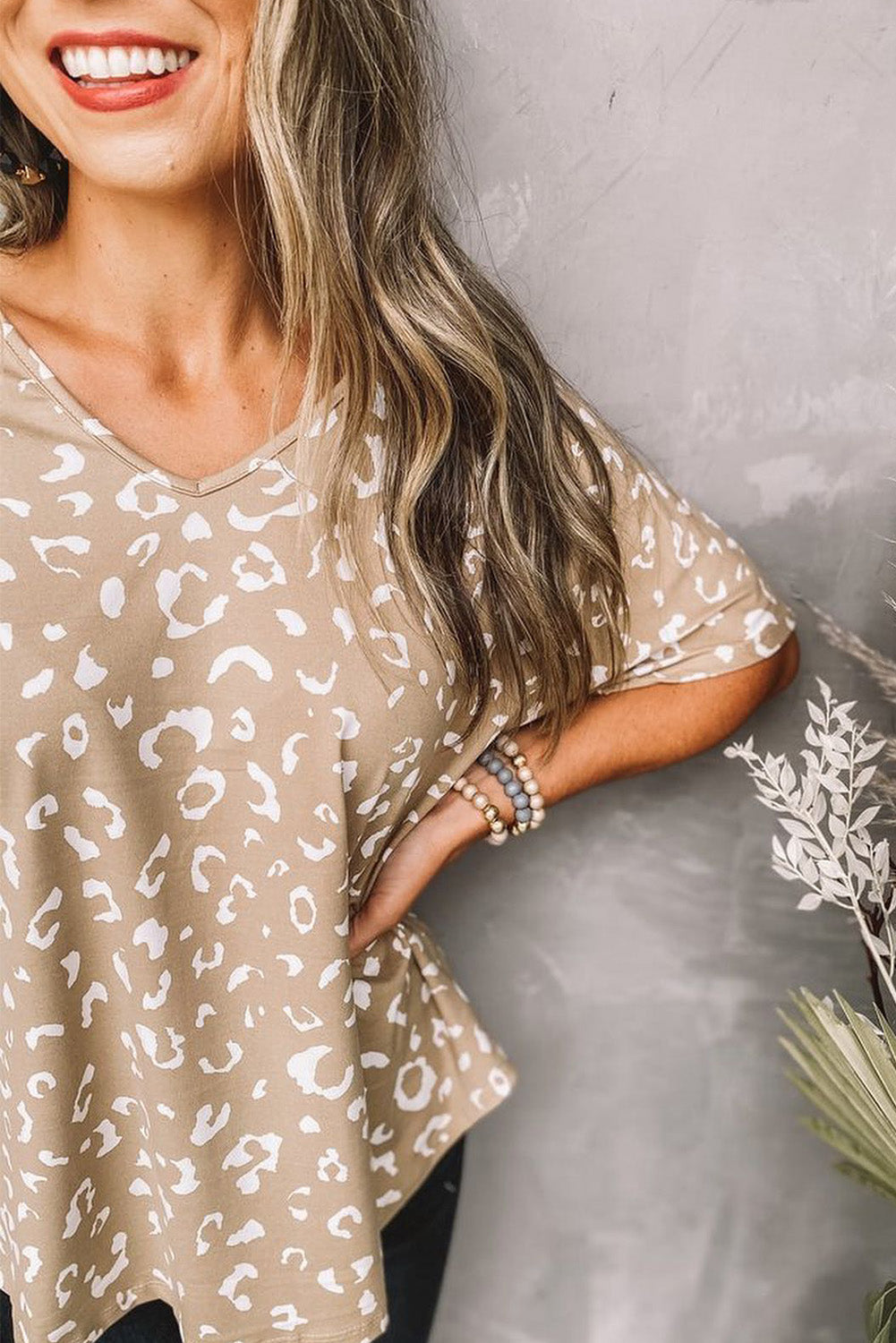 Apricot Leopard Print V Neck Loose T Shirt